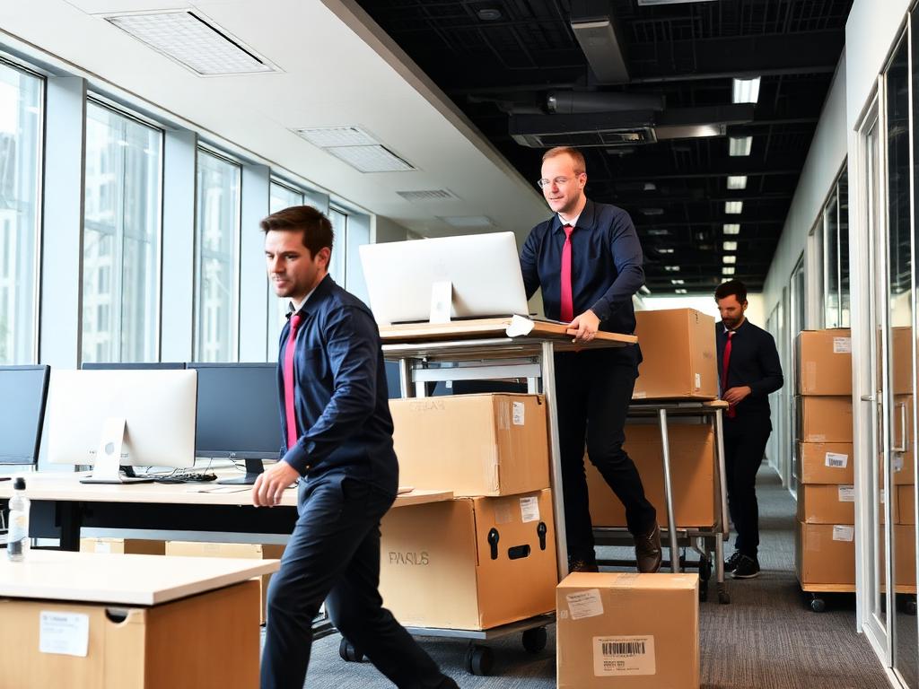 Office relocation in progress with labelled boxes