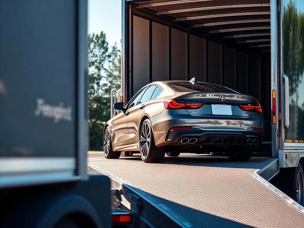 Car loaded onto enclosed carrier for transportation